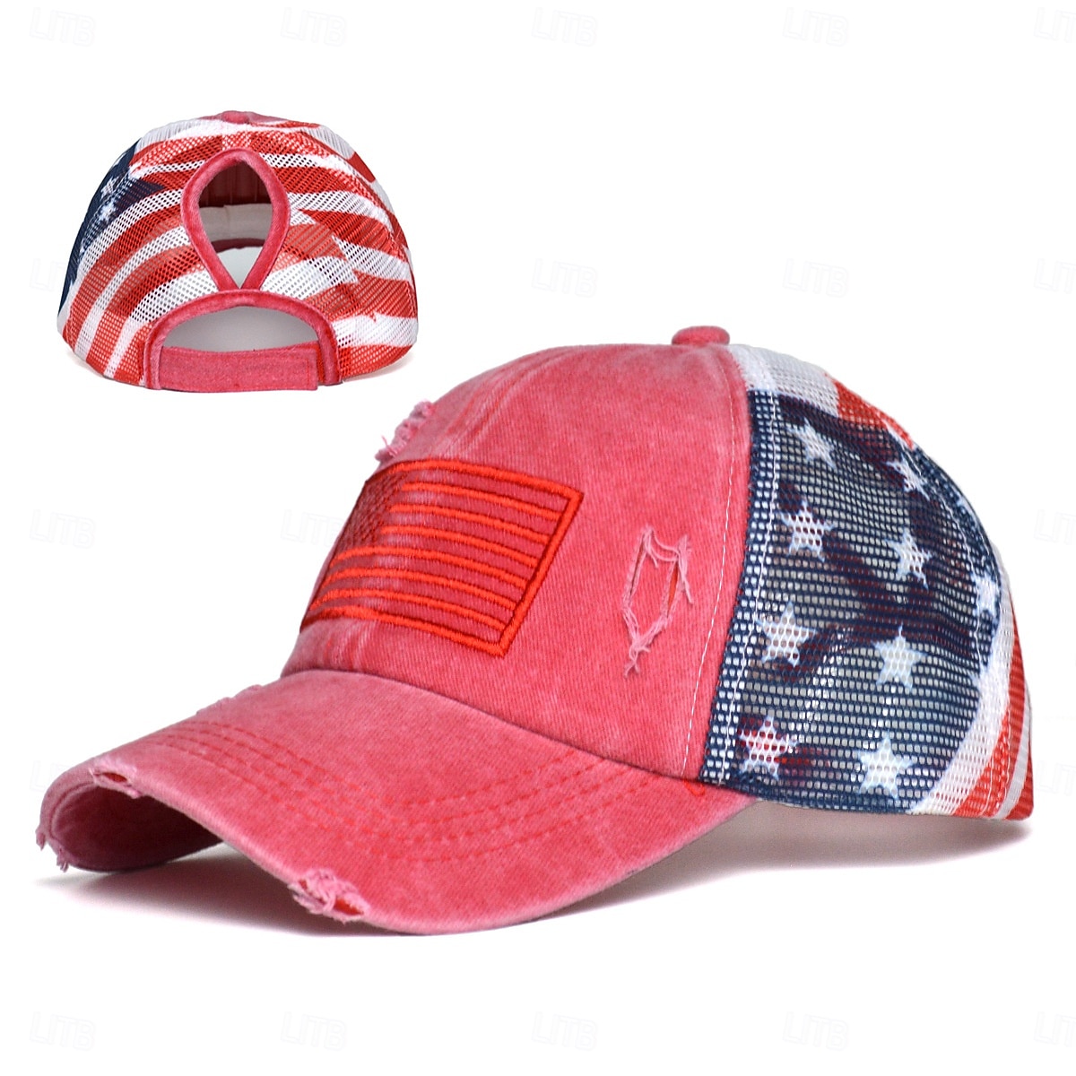 Bold Freedom Ponytail Cap, patriotische Baseballkappe mit Used-Look und amerikanischer Flagge für Damen, Trucker-Cap aus gewaschener Baumwolle, verstellbarer Sonnenhut mit Klettverschluss zum 250. 2026 - $16.99 –P7