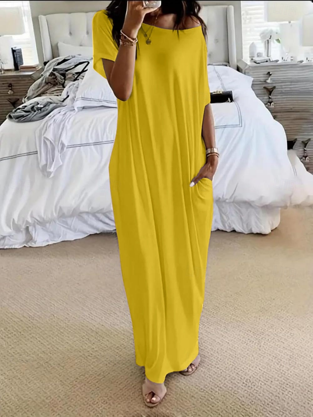 Women's Maxi Dress Casual Dress Elegant Fashion Beach Vacation Sun protection Loose Fit Plain Short Sleeve Boat Neck Yellow Purple Light Grey Summer 2026 - $19.99 –P1
