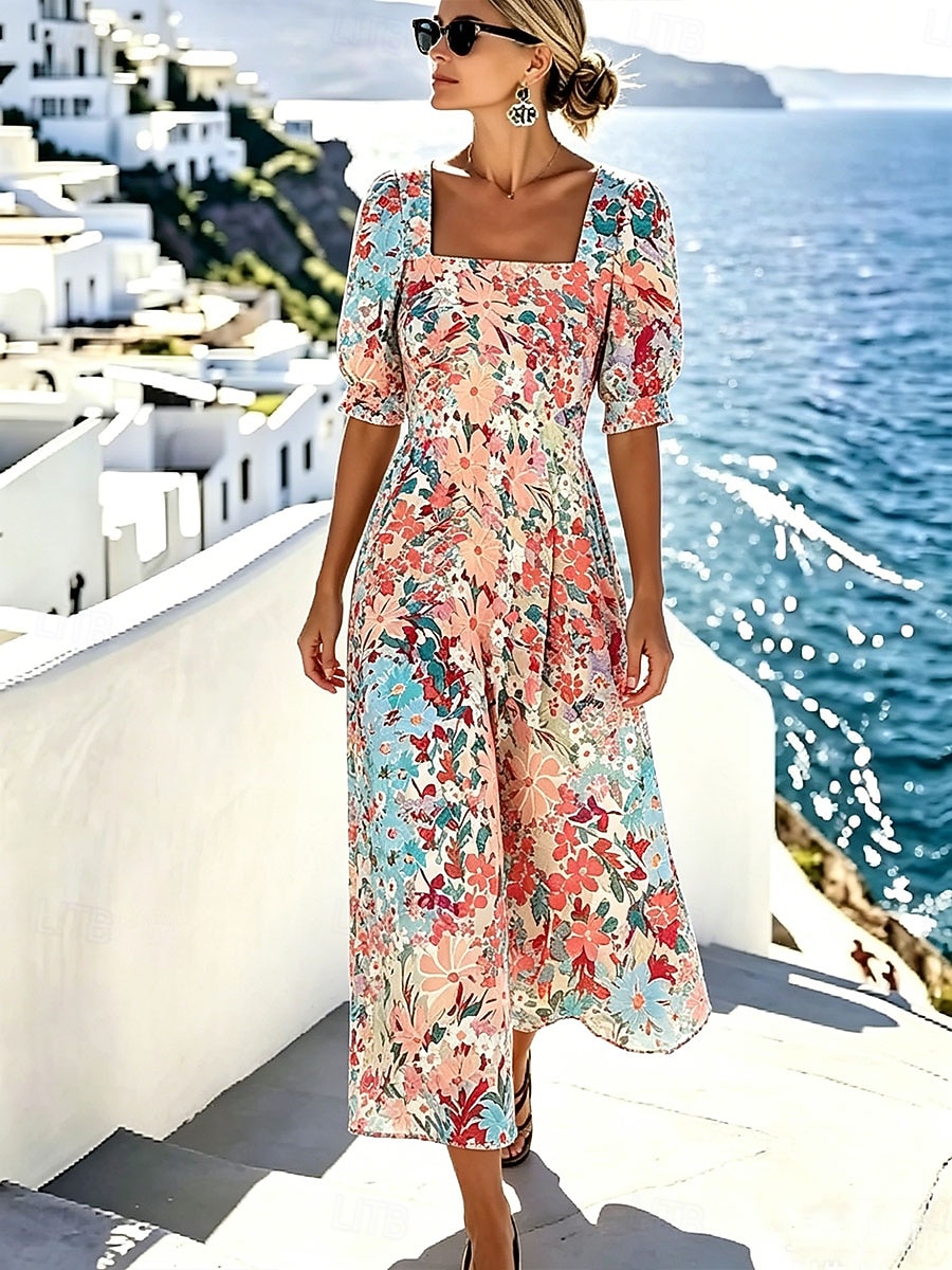 Women's Midi Dress Casual Dress A Line Dress Elegant Vacation Stylish Beach Holiday Regular Fit Floral Graphic Half Sleeve Crew Neck Blue Red Orange Summer Spring 2026 - $49.99 –P5