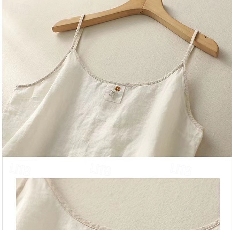 Women's Shirt Blouse Embroidered Solid Color Plain Vintage Sleeveless Scoop Neck Crop Tops Coffee brown Hemp natural color Navy Blue Apricot Summer Spring 2026 - $12.99 –P4