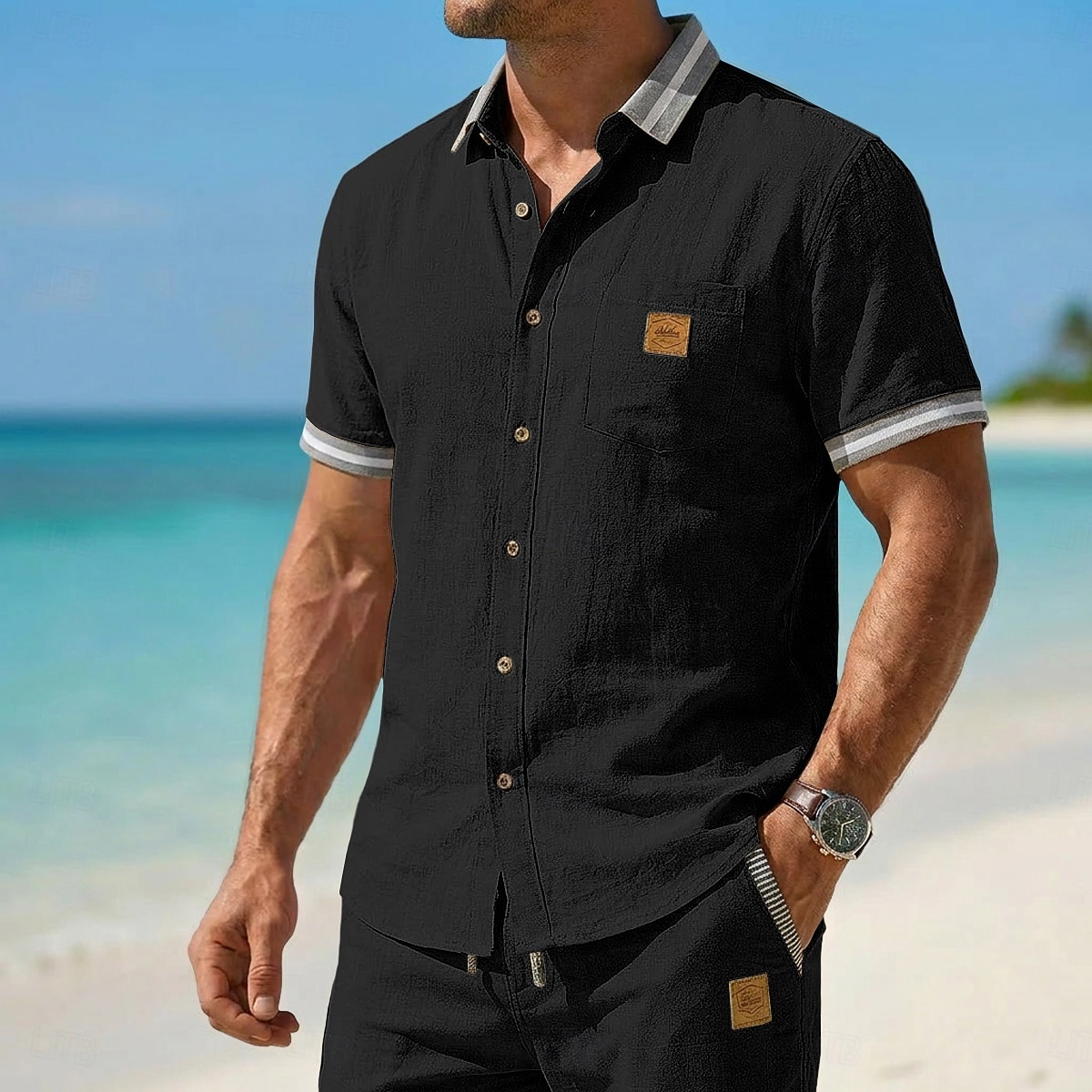 Da uomo Camicia Camicia di lino Camicia Estiva Camicia da Spiaggia Semplice Casuale Quotidiano Blu Nero Blu marino Cachi Manica Corta Colletto Estate Primavera Abbigliamento Patchwork del 2026 a $29.99 –P9