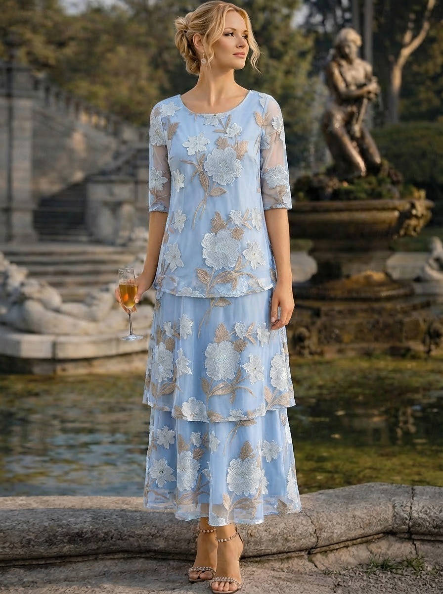 A-Linie Kleid Knöchellänge Partykleid Cocktailkleid Brautmutterkleid Halbarm Rundausschnitt Elegant Vintage Formell Hochzeitsgast Ferien Chiffon mit Blumenmuster Rüschen Stickerei 2026 - $183.99 –P3