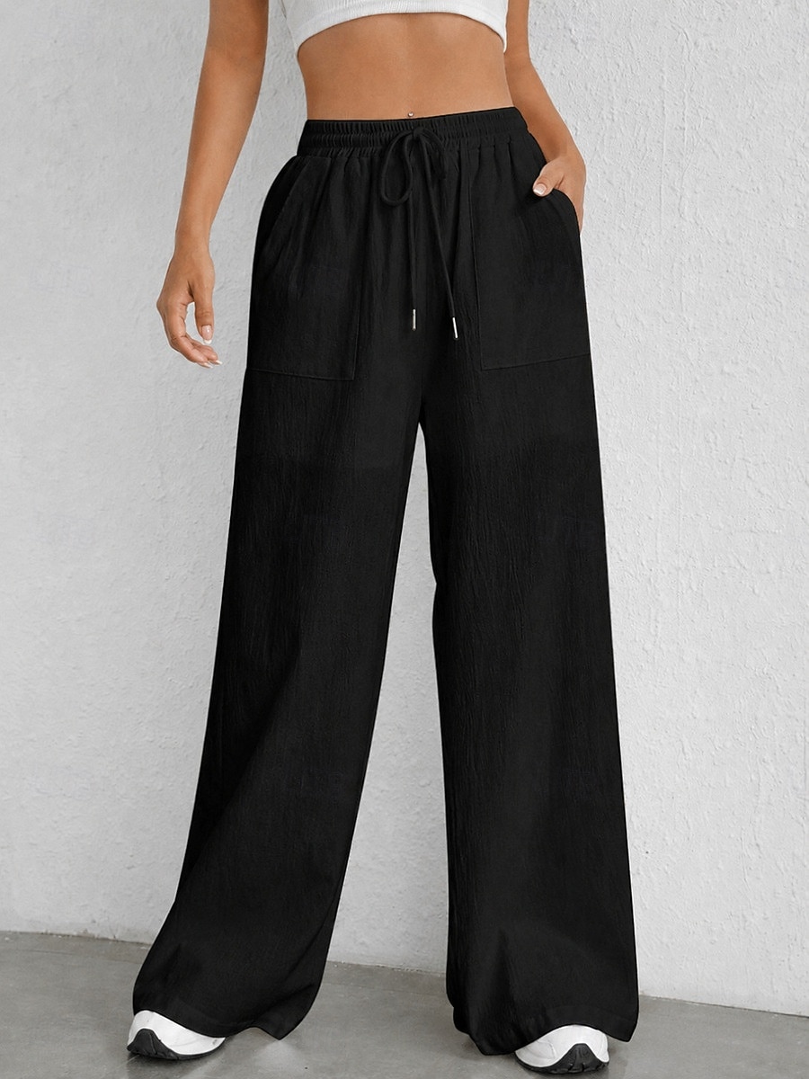 Damen Schlaghose Elegant Mode Volle Länge Hohe Taille Einfarbig Kordelzug Komfort Unelastisch Lässig Urlaub Schwarz Weiß Himmelblau Kamel Sommer Frühling Lässiger Schnitt 2026 - $27.99 –P4
