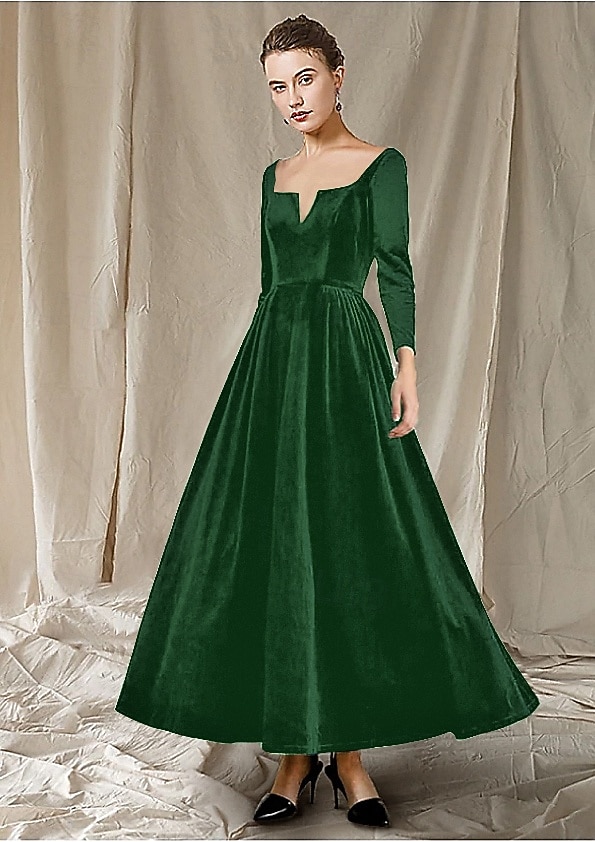 Ligne A Longueur cheville Robe de Soirée Robe de Cocktail Robe d'invité de mariage Robe de Mère de Mariée  manche longue Col en V Élégant robe demoiselle d honneur Fête de mariage Velours avec Plis de 2026 ? $160.99 –P7