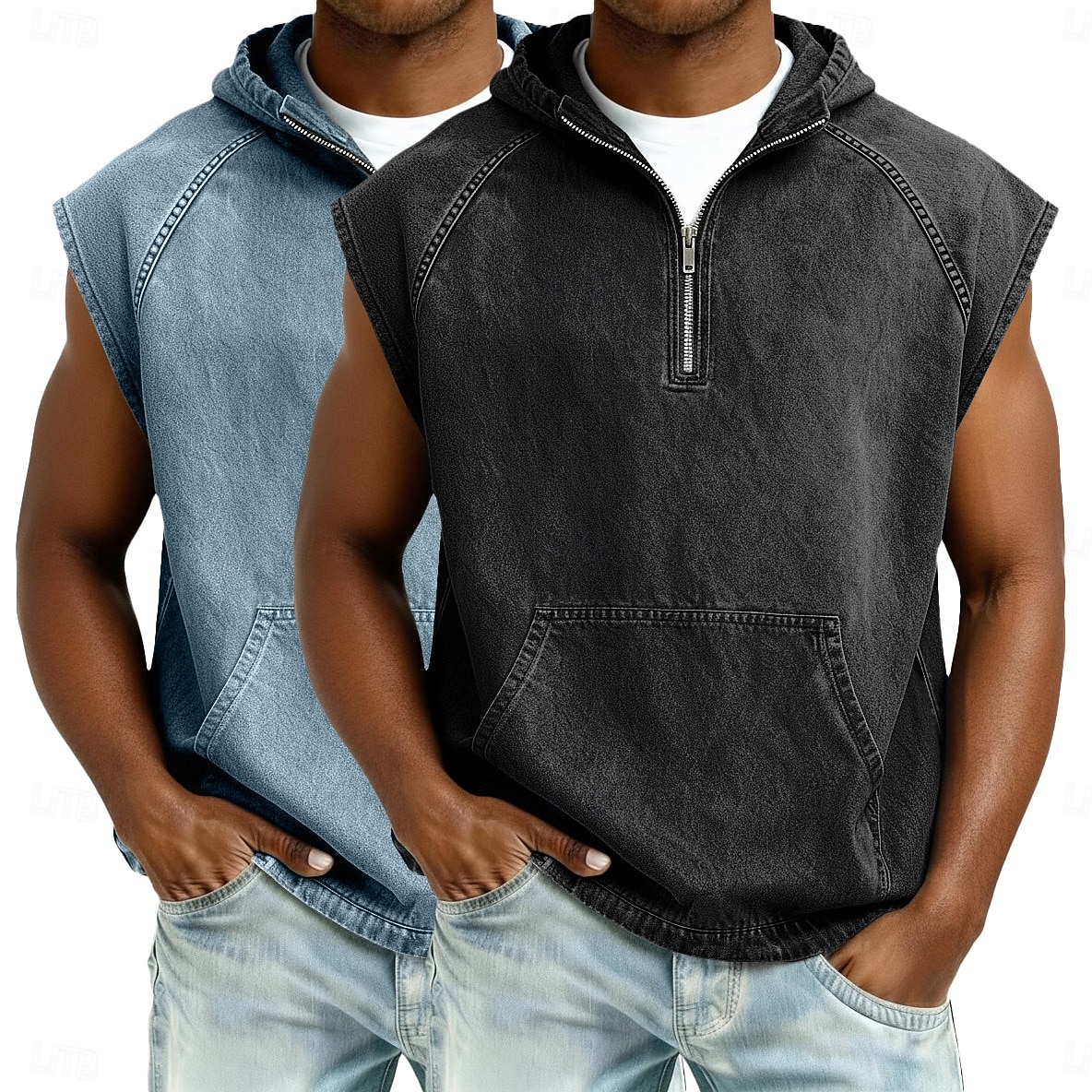 softfade™ canotta da uomo 2 pezzi top gilet top in denim camicia lavaggio acido senza maniche cappuccio zip estate primavera semplice capo basic tinto cappuccio casual vacanza strada nero kaki top del 2026 a $62.99 –P5