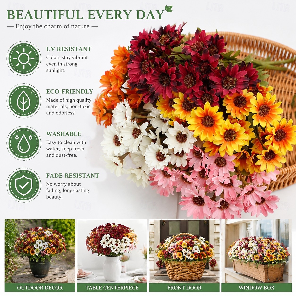 2026年 秋の造花菊10束、夕焼け菊、デイジーとユーカリの屋外用造花秋花、UV耐性、防水、防風、本物そっくりの満開植物、庭、ポーチ、パティオ用  コレクション – $25.99 –P2