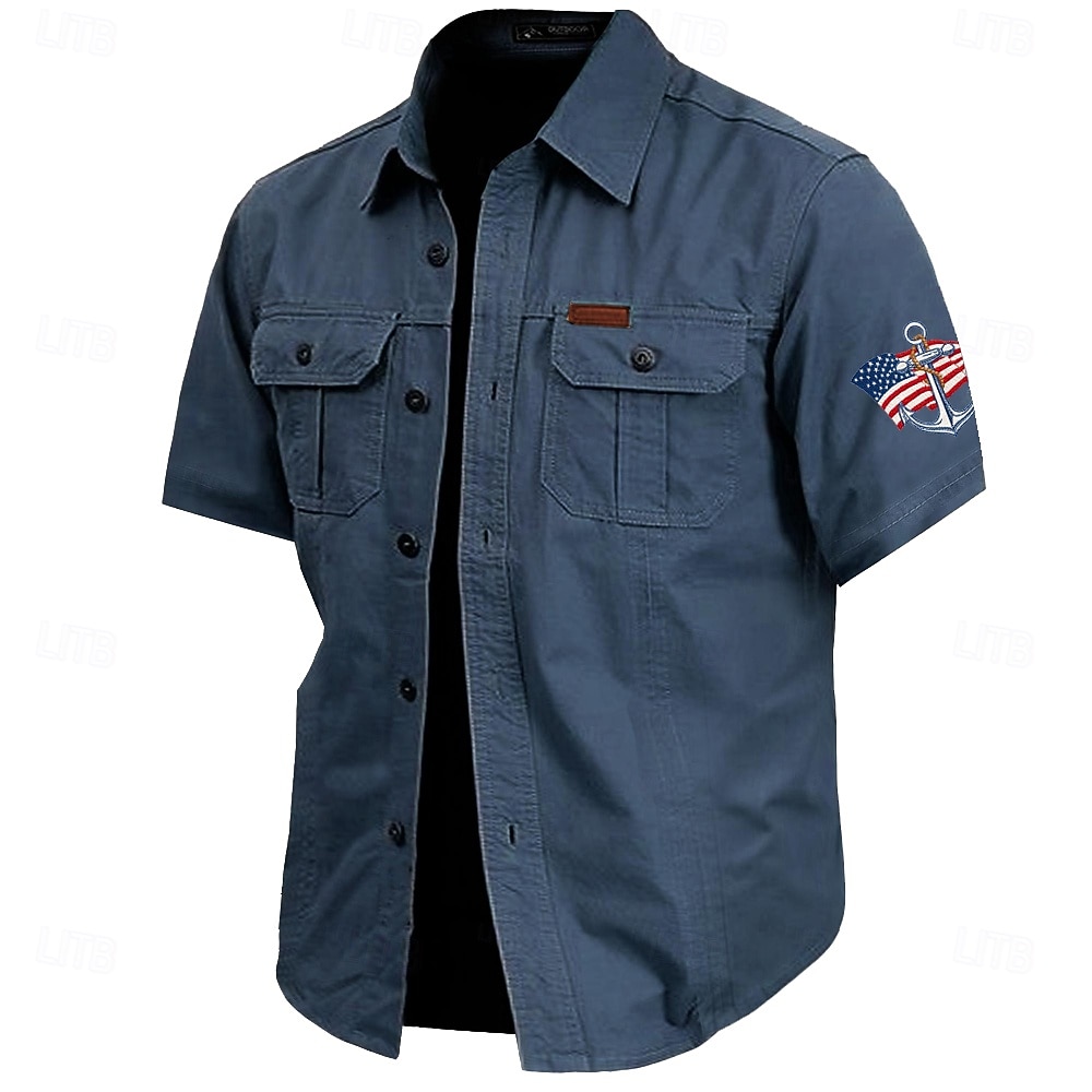 Hombre 4 de julio, 250 aniversario de Estados Unidos Ancla Bandera estadounidense Camisa de trabajo de algodón camisa occidental Camisa cargo Manga Corta ejército militar Patriótico Casual Para 2026 - $27.99 –P4