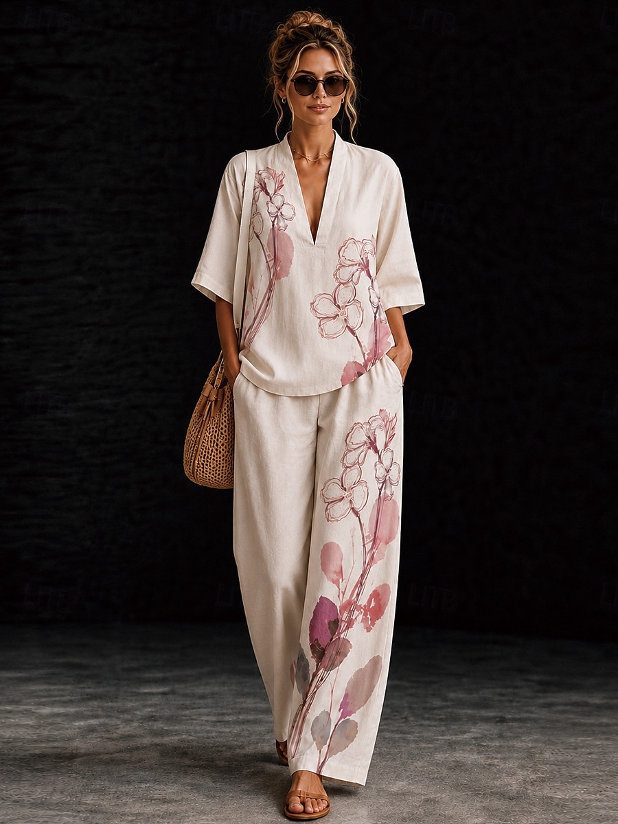 Women's Shirt Cotton Linen Sets Pants Sets Short Sleeve V Neck Floral Graphic Geometric Print Vacation Fashion Streetwear Casual Daily Outdoor Yellow Pink Dusty Rose Spring & Summer Loose Fit 2026 - $55.99 –P3