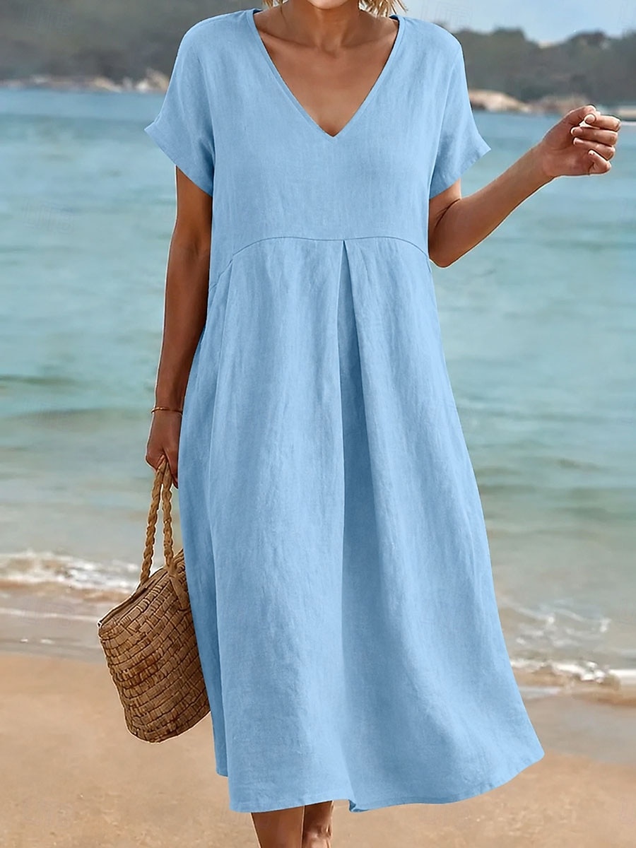 Mujer Vestido hasta la Rodilla Vestido de verano Vestido informal Vacaciones Casual Boho Playa Fiesta Cita Holgado Plano Manga Corta Escote en Pico Azul Piscina Negro Rosa Verde Trébol Verano 2026 - $33.99 –P1