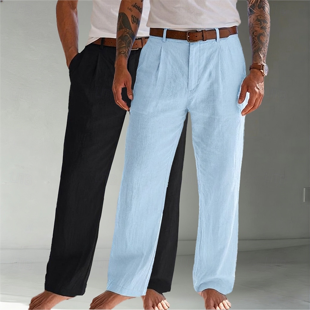 Homens Calças de linho Calças Calça verão Calças largas Calças de praia Bolsos Tecido Conforto Respirável Comprimento total Casual Diário Ao ar livre Moda Negócio Bege + preto Branco+Azul Marinho Sem de 2026 por $45.99 –P8