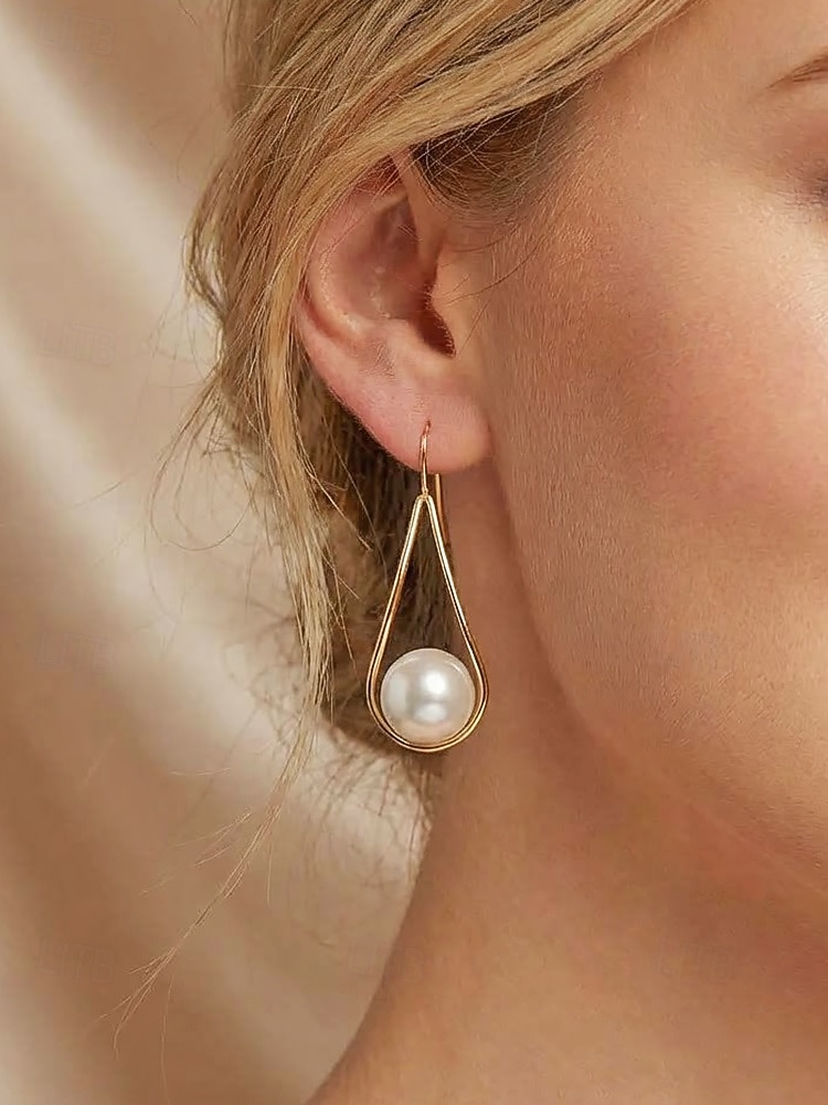 Pendientes de mujer de aleación con forma de gota de agua y perlas de imitación, diseño elegante y minimalista para uso diario, negocios, vacaciones y ocasiones semiformales. 2026 - $7.99 –P3