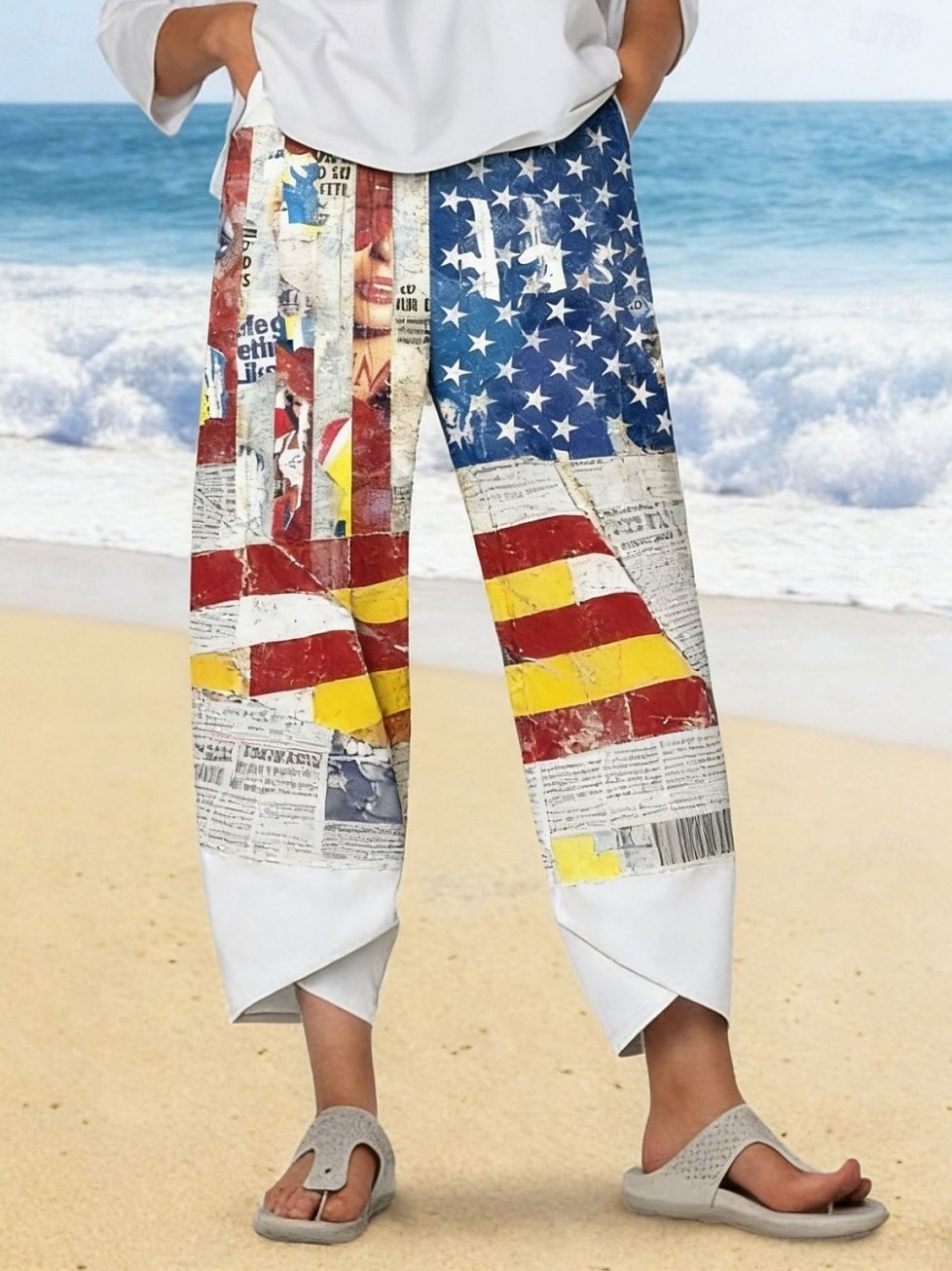 amerikansk uavhengighetsdag dame chinos med vide ben, baggy bukser, strandshorts, ferie, vintage, etnisk stil, ankellange bukser med høy midje, blomster, grafisk trykk, trykk, termisk, varm komfort, 2026 - $24.99 –P3