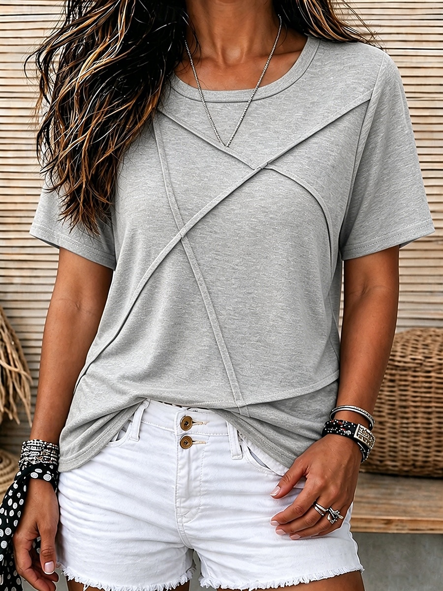 Dames T-shirt Lapwerk Effen Kleur Effen Vintage Casual Korte mouw Vleermuismouw Ronde hals Normale tops Casual blauw Zwart Blozend Roze Oranje Zomer Lente 2026 - $23.99 –P6