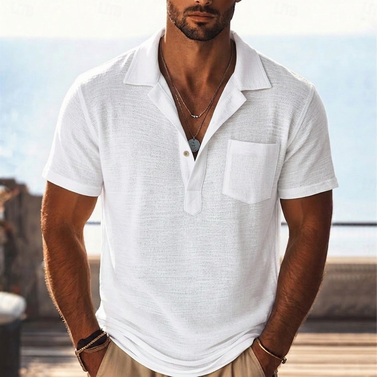 Per uomo Camicia di lino Polo Casuale Vacanza Colletto cubano Manica Corta Vacanza Moda Semplice Testurizzato Bottoni Puro Estate Primavera Vestibilità regolare Blu Nero Bianco Verde chiaro Verde del 2026 a $24.99 –P2