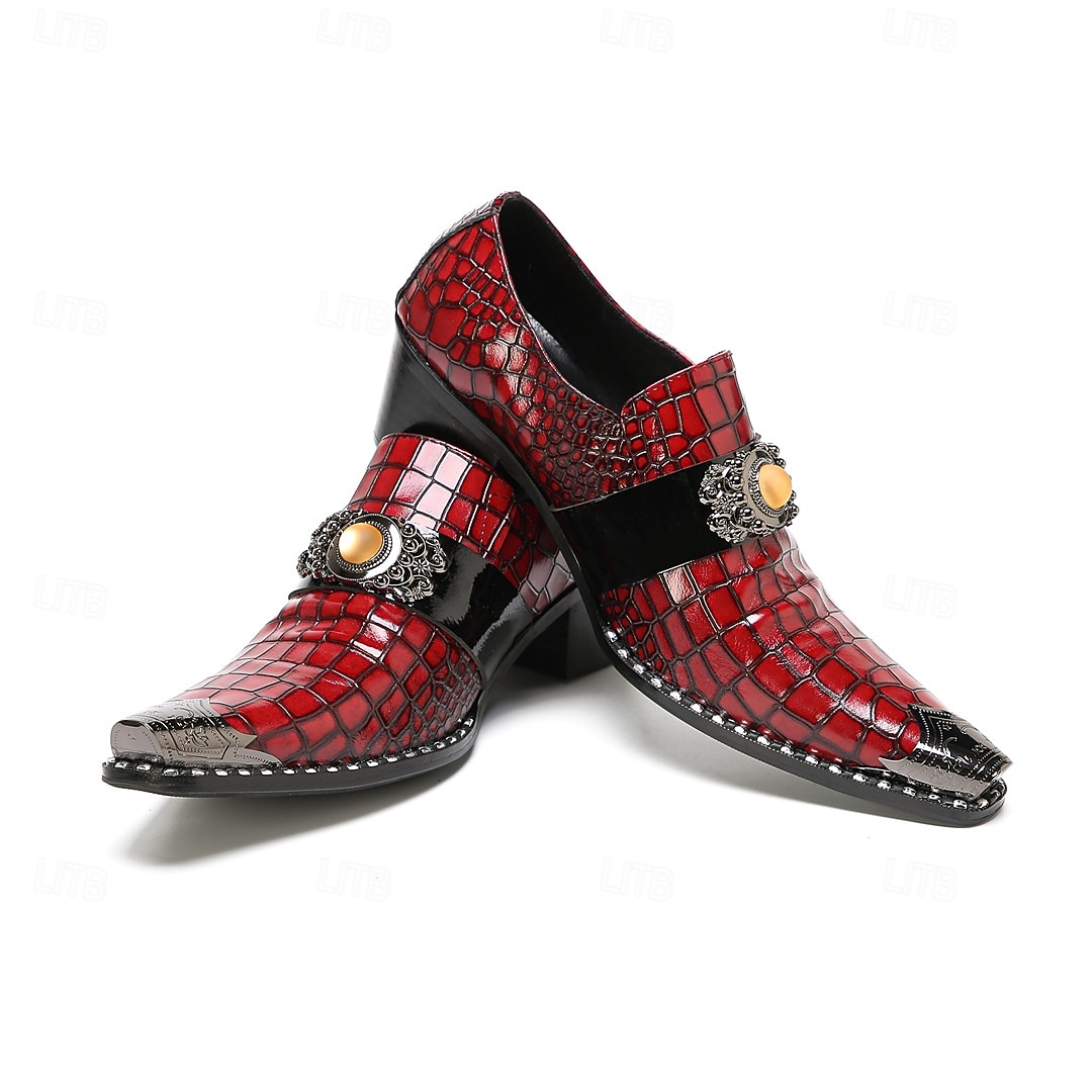 Men's Red Croc-Embossed Strap Dress Shoes Pointed-Toe Statement Formal Footwear for Stylish Men, Weddings, Banquets, Parties and Stage Events 2026 - $109.99 –P5
