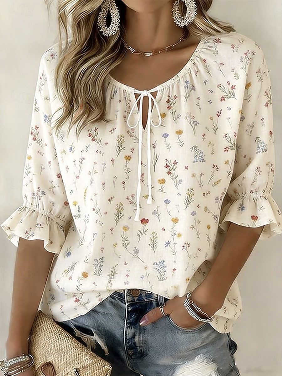 Per donna Camicia Blusa Coulisse Nodo frontale Stampato Floreale Grafico Vintage Quotidiano Elegante Mezza Manica Girocollo Top lunghi Casuale Quotidiano Bianco Beige Estate Primavera del 2026 a $27.99 –P2