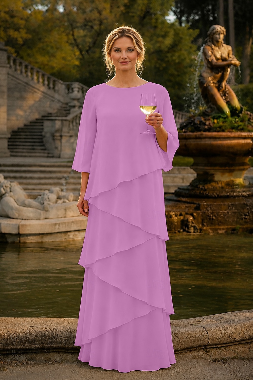 Funda Columna Hasta el Suelo Vestido Invitada Boda Vestido formal Vestido de noche Vestido de Madrina Manga 3/4 Cuello Barco Elegante Formal Gasa con Volantes 2026 - $172.99 –P9