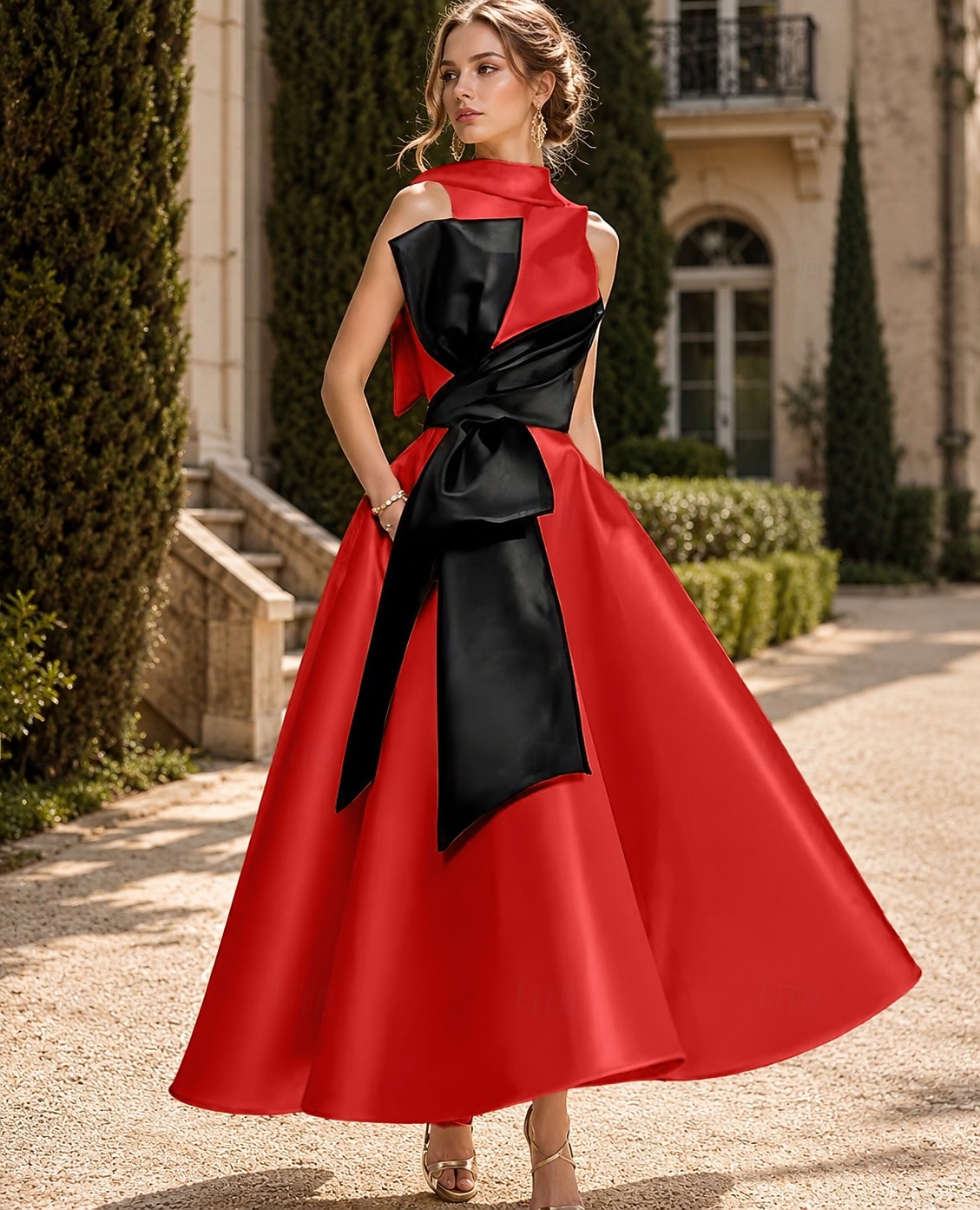 Linha A Longuette Vestidos de cocktail Vestidos de festa Elegante Sedoso Sem Manga Gola Redonda Casamento Formal Bolsos Cetim com Laço(s) Miçangas de 2026 por $149.99 –P5