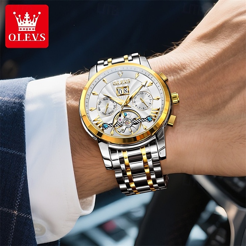 Men's Luxury Automatic Mechanical Watch, Two Tone Stainless Steel, Blue Dial Skeleton Tourbillon Style, Self-Winding Business Wristwatch with Big Date Day 24H Waterproof Luminous Gift for Him 2026 - $96.99 –P18