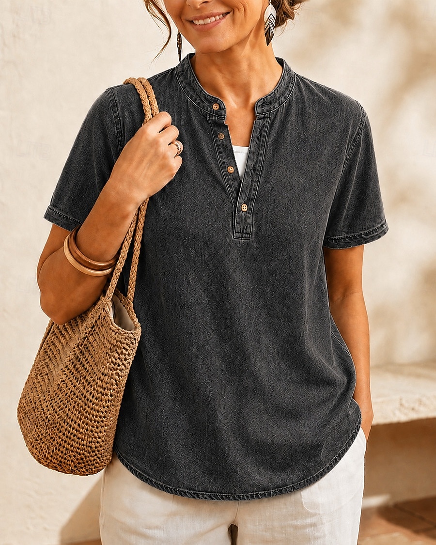 SoftFade™ Women's 100% Cotton Henley Shirt Solid Color Vintage Fashion Stylish Short Sleeve V Neck Regular Tops Casual Beach Blue Khaki Black Purple Orange Summer Spring 2026 - $28.99 –P16