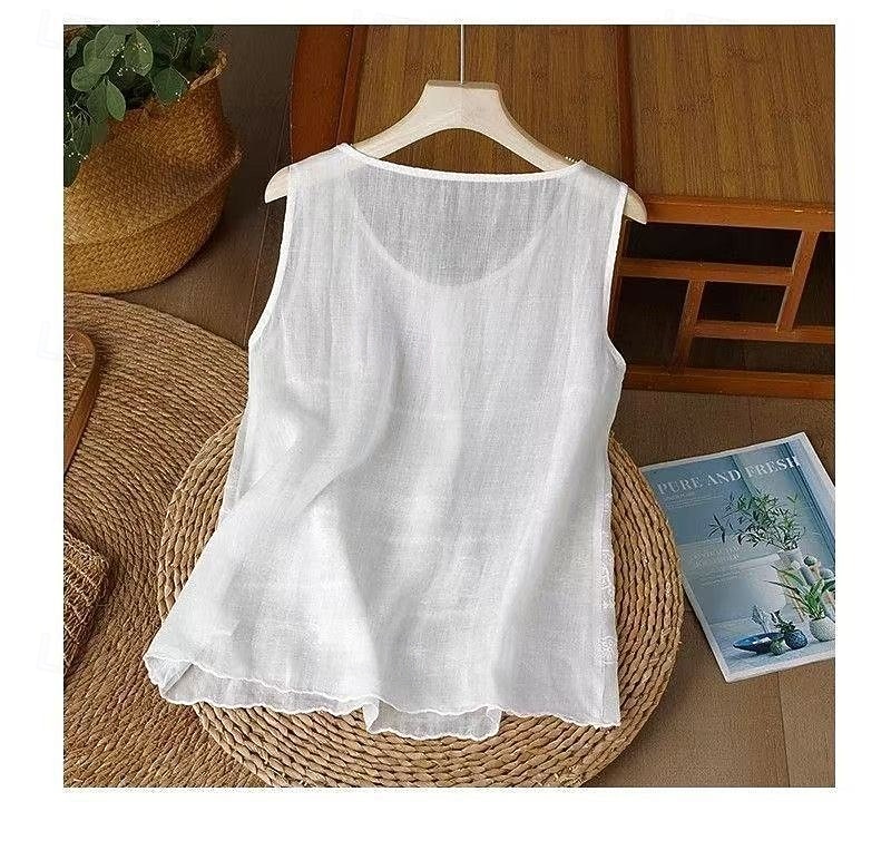 Per donna Gilet in cotone e lino Arricciato Ricamato Tinta unica Elegante Senza Maniche Senza maniche Scollo Tondo Top Regolari Bianco Rosa Viola Kaki Estate Primavera del 2026 a $13.99 –P2