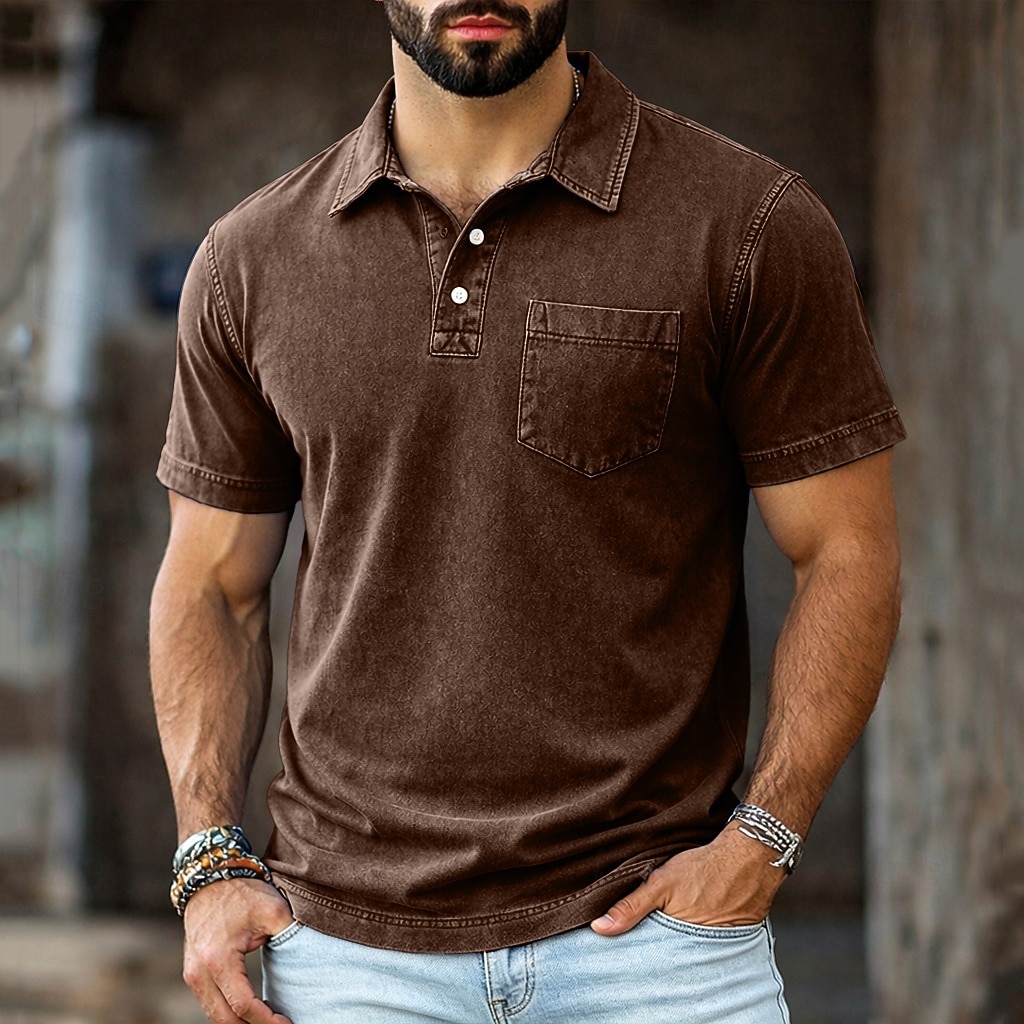 SoftFade™ Men's Polo Shirts 100% Cotton Acid Wash Shirt Casual Holiday Lapel Short Sleeve Fashion Basic Plain Vintage Plain Summer Spring Regular Fit Dark Brown Black Light Green Pink Navy Blue 2026 - $35.99 –P10
