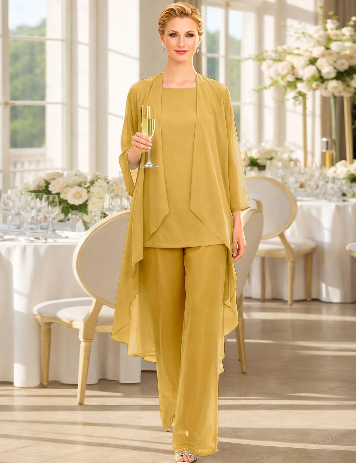 Traje de pantalón Traje de 3 piezas Hasta el Suelo Vestido de Madrina Sin Mangas Barco de cuello Elegante Talla Grande Bolero incluido Invitado a la boda Gasa Vestidos de chaqueta con Un Color 2026 - $137.99 –P12