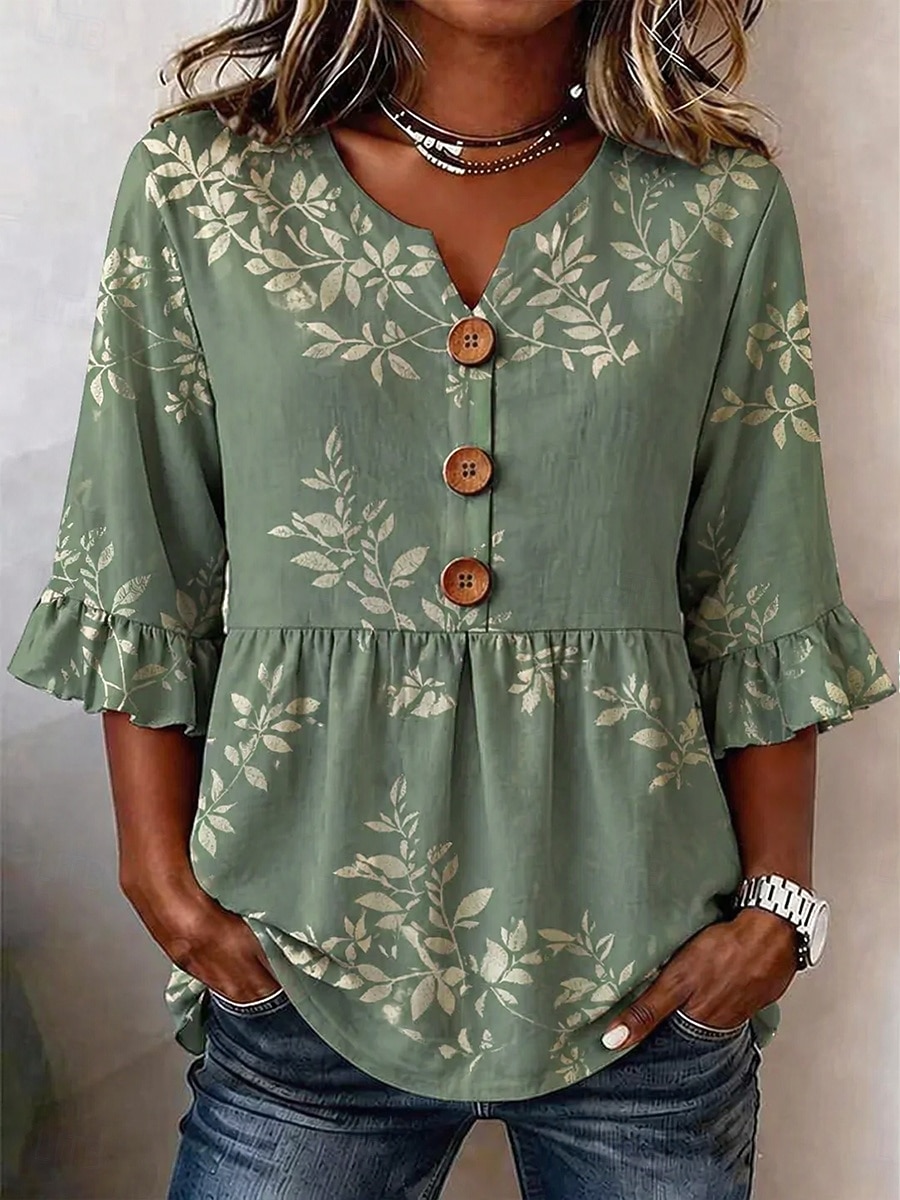 Women's Blouse Buttons Print Floral Graphic Paisley Vintage Stylish Modern Half Sleeve V Neck Regular Tops Casual Daily White Yellow Green Summer Spring 2026 - $34.99 –P3