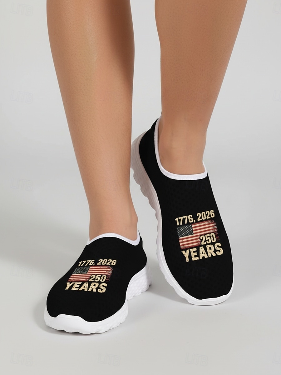 Dames instapschoenen ter ere van het Amerikaanse jubileum - ademend &Lichtgewicht casual sneakers van mesh met "1776-2026" &Print met de Amerikaanse vlag, ideaal voor Onafhankelijkheidsdagparades en 2026 - $32.99 –P4
