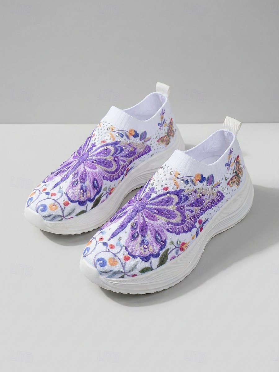 Tênis slip-on feminino roxo vibrante com estampa de borboletas - calçado esportivo leve com plataforma e detalhes em strass. &Tênis casual de malha respirável, ideal para caminhadas leves e passeios de 2026 por $32.99 –P1