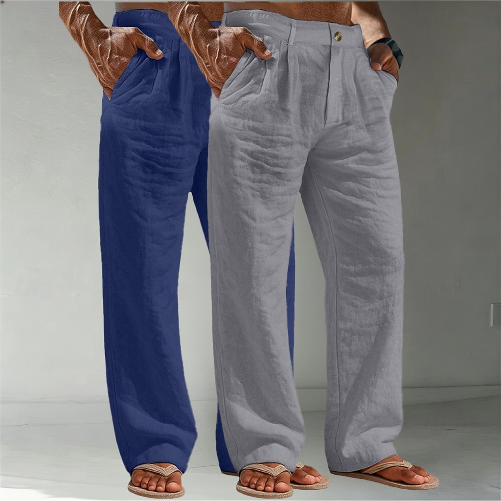 Voor heren Linnen broek Broek Zomerbroek Wijde broek Strandbroeken Zak Effen Comfort Ademend Volledige lengte Casual Dagelijks Buiten Vakantie Modieus Wit + kaki Bruin + Zwart Inelastisch 2026 - $45.99 –P7