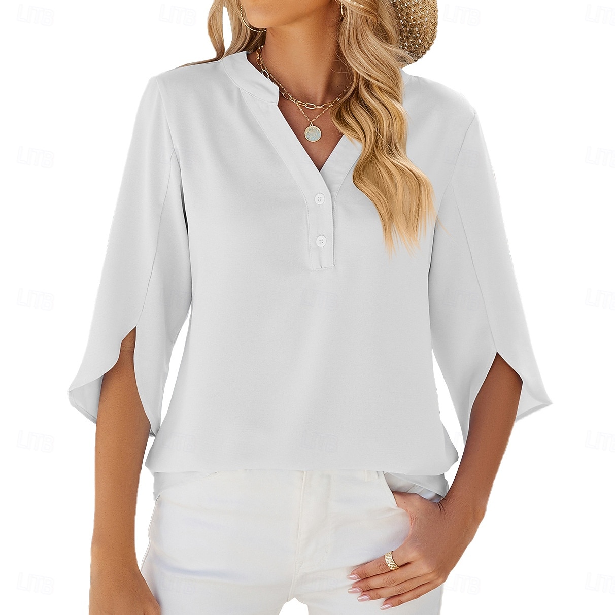Women's Shirt Blouse Buttons Solid Color Fashion Half Sleeve V Neck Regular Tops Daily Black White Fuchsia Summer Spring 2026 - $25.99 –P2