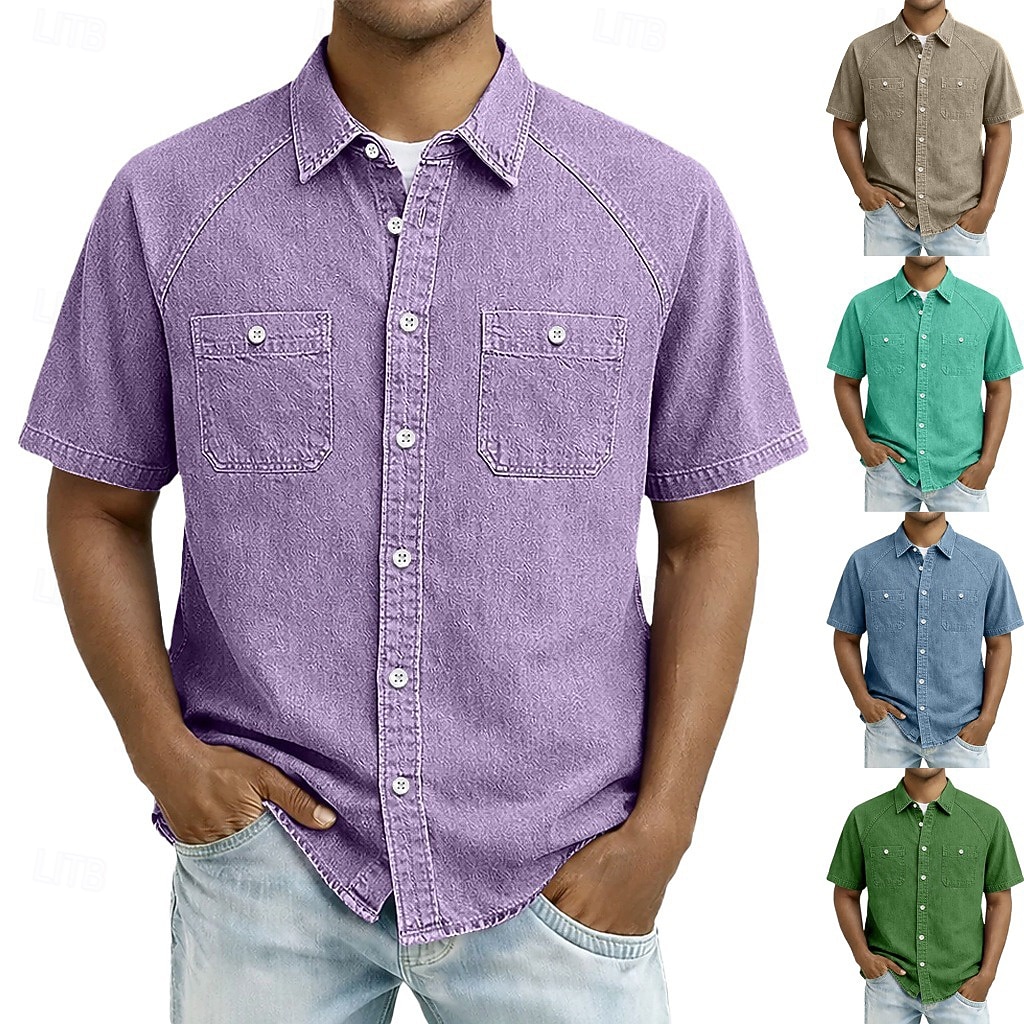 SoftFade™ Herrskjorta 100% Bomull Casual Skjorta Acid Wash Skjorta Svart Ljusgrön Lila khaki Militärgrön Kortsleeve Enfärgad Skjorta Krage Casual Daglig Framlapp Fritidskläder Bomull 2026 - $31.99 –P1