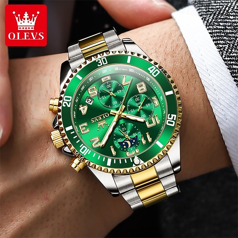 OLEVS Men's Chronograph Watch Luxury Green Face Two Tone Stainless Steel Moon Phase Waterproof Luminous Analog Quartz Wrist Watch for Men Big Face Fashion Sport Business Watch Gifts for Him 2026 - $39.99 –P19