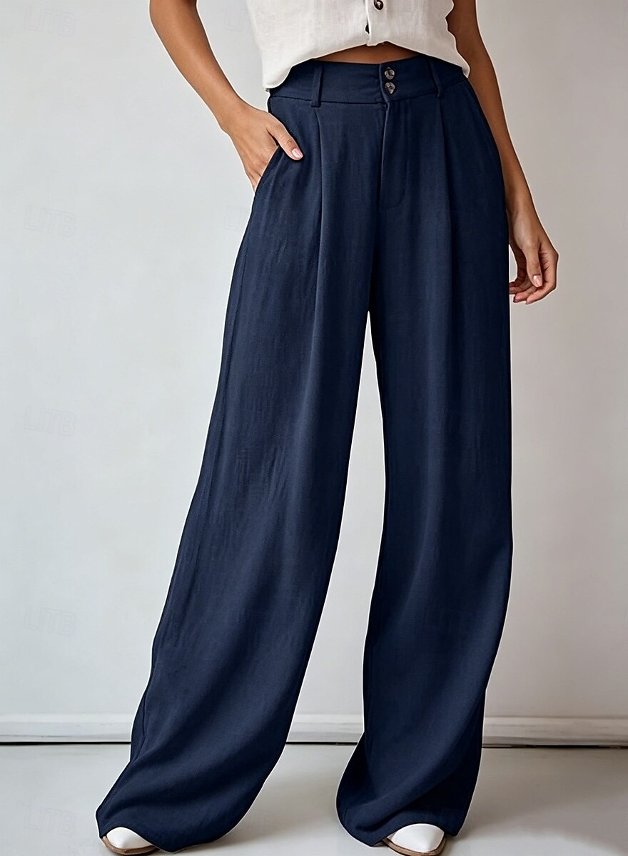 womens fully lined dress pants Wdfiry Dress Pants for Womens Cotton and Linen Wide Leg Button Business Work Trousers Full Length High Waist Pockets Comfy Office Casual Pants Slacks