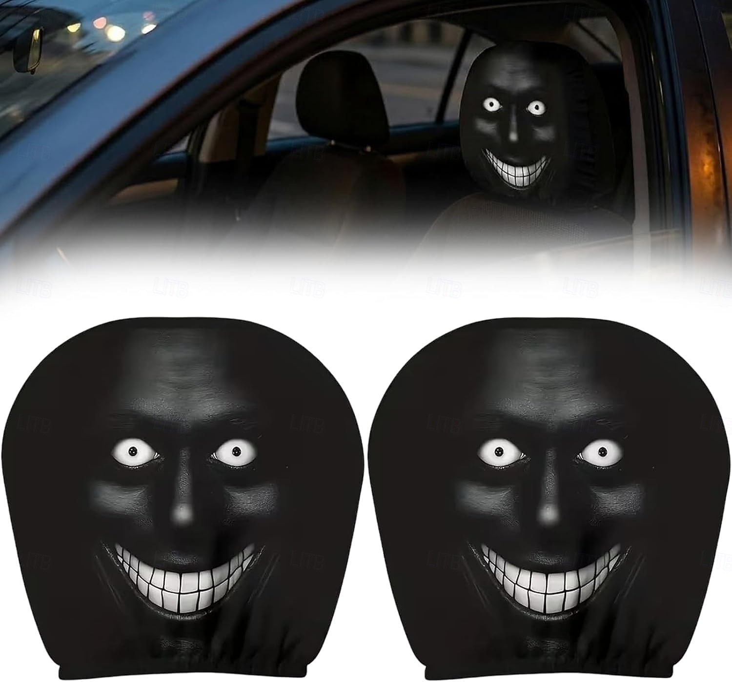 2/4 Stück lustige, gruselige Auto-Kopfstützenbezüge mit unheimlichem Gesichtsmotiv, ideal als Scherzartikel für die Vordersitze, Halloween- oder Gag-Geschenk, strapazierfähiger, dehnbarer Autositzbezug 2026 - $16.99 –P1