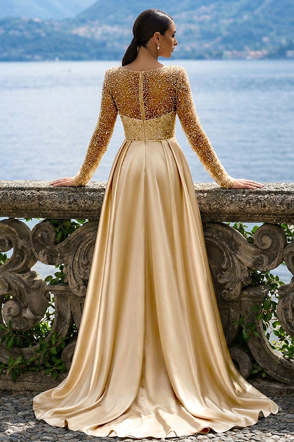 Sirena Tromba Lunghezza al pavimento Abito da Sera Elegante Brillare & Splendere Manica Lunga Scollo Illusione Carnevale Mascherata Abito Champagne per la Madre della Sposa Raso Con Paillettes con del 2026 a $183.99 –P2