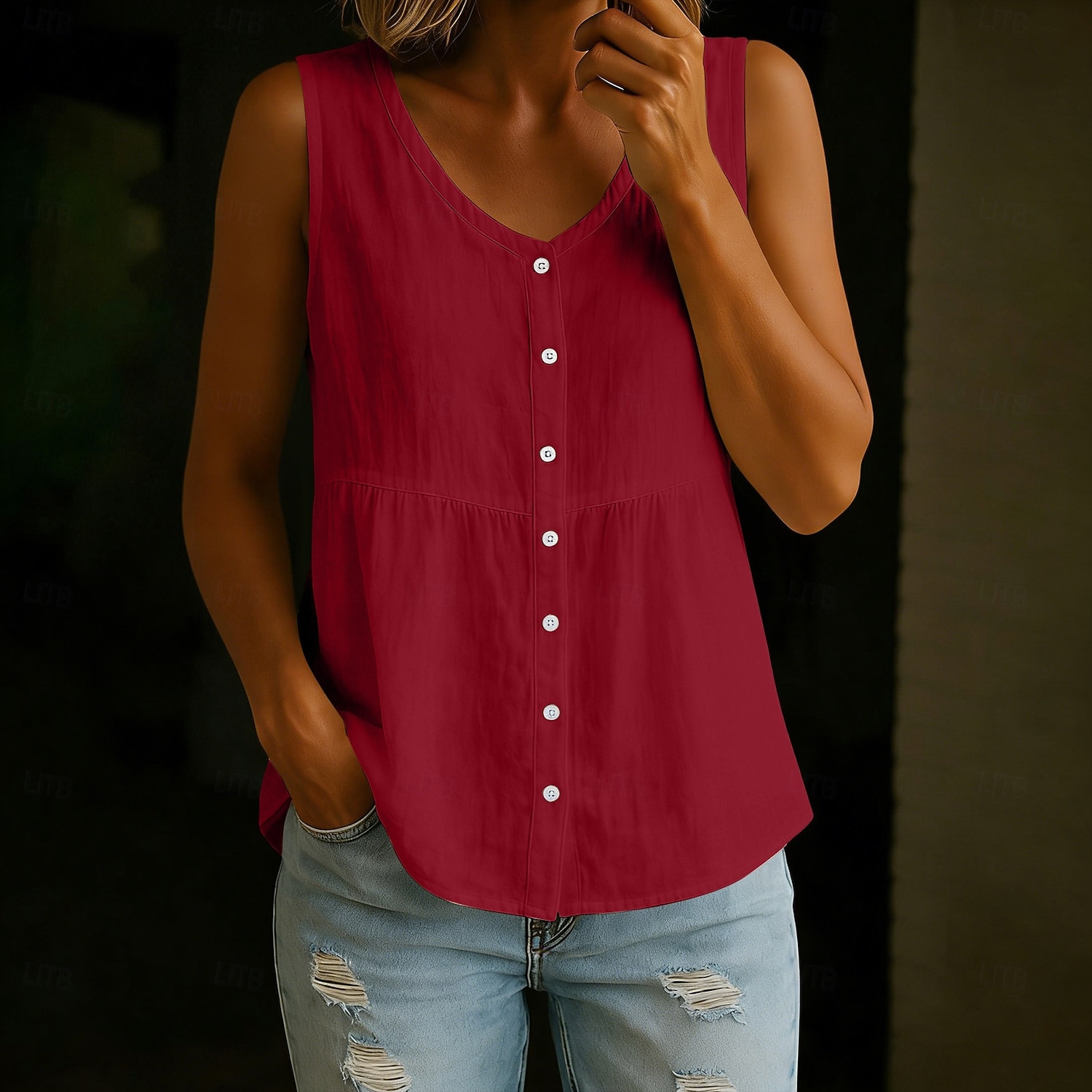 Femmes Débardeur Couleur Unie ancien Élégant Occasionnel Sans manches Col en V Hauts Réguliers Occasionnel Quotidien Bleu Noir Blanche Jaune Rouge Été Printemps de 2026 ? $25.99 –P2