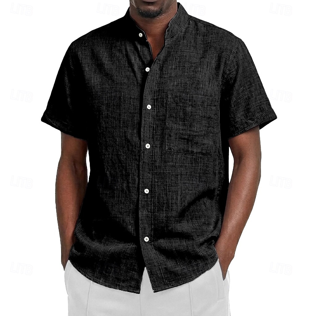 Voor heren Overhemd Linnen overhemd Zomer overhemd Strand Kleding Overhemd met bandkraag Overhemd met knopen Effen Kleur Casual Vakantie Zwart Wit Blozend Roze Oranje Korte mouw Mandarijn Kraag Zomer 2026 - $11.49 –P7