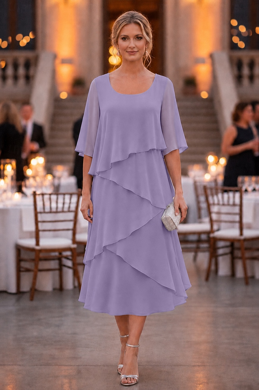 abito a tubino a colonna lunghezza tè abito da festa abito da cocktail abito da invitata a nozze abito da madre della sposa mezza manica scollo a U elegante formale chiffon con volant del 2026 a $137.99 –P1
