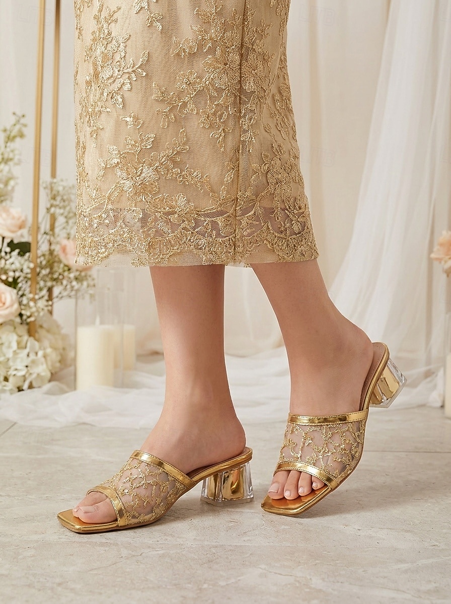 Elegante goldene Damen-Mules mit Blockabsatz aus Mesh: Raffinierte Hochzeitsschuhe für die Mutter der Braut 2026 - $34.99 –P1