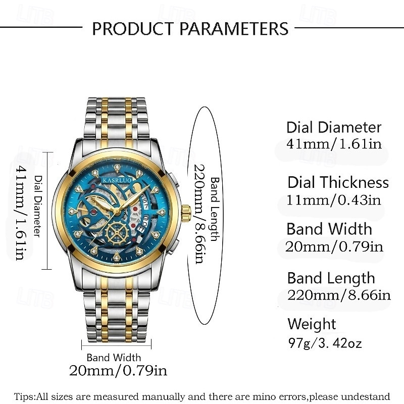 Men's Luxury Watch Skeleton Design Blue Hollow Dial Two-Tone Stainless Steel Wristwatch with Date Display Diamond Markers Business Fashion Dress Watch Waterproof Quartz Gift for Him 2026 - $22.99 –P4