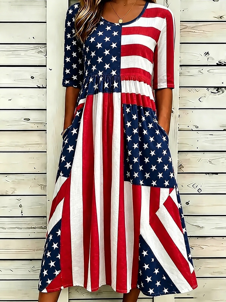 Women's Midi Dress Shift Dress Vacation Casual Holiday Regular Fit Graphic Flag Half Sleeve Crew Neck Blue White Red Summer Spring 2026 - $33.99 –P2