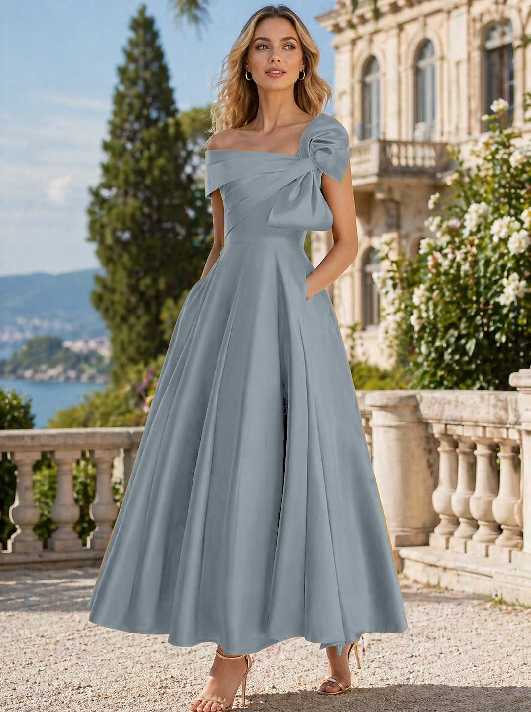 A-Line Ankle Length Cocktail Dresses Party Dresses Elegant Silky Short Sleeve One Shoulder Wedding Formal Pink Dress Satin with Bow(s) 2026 - $149.99 –P15