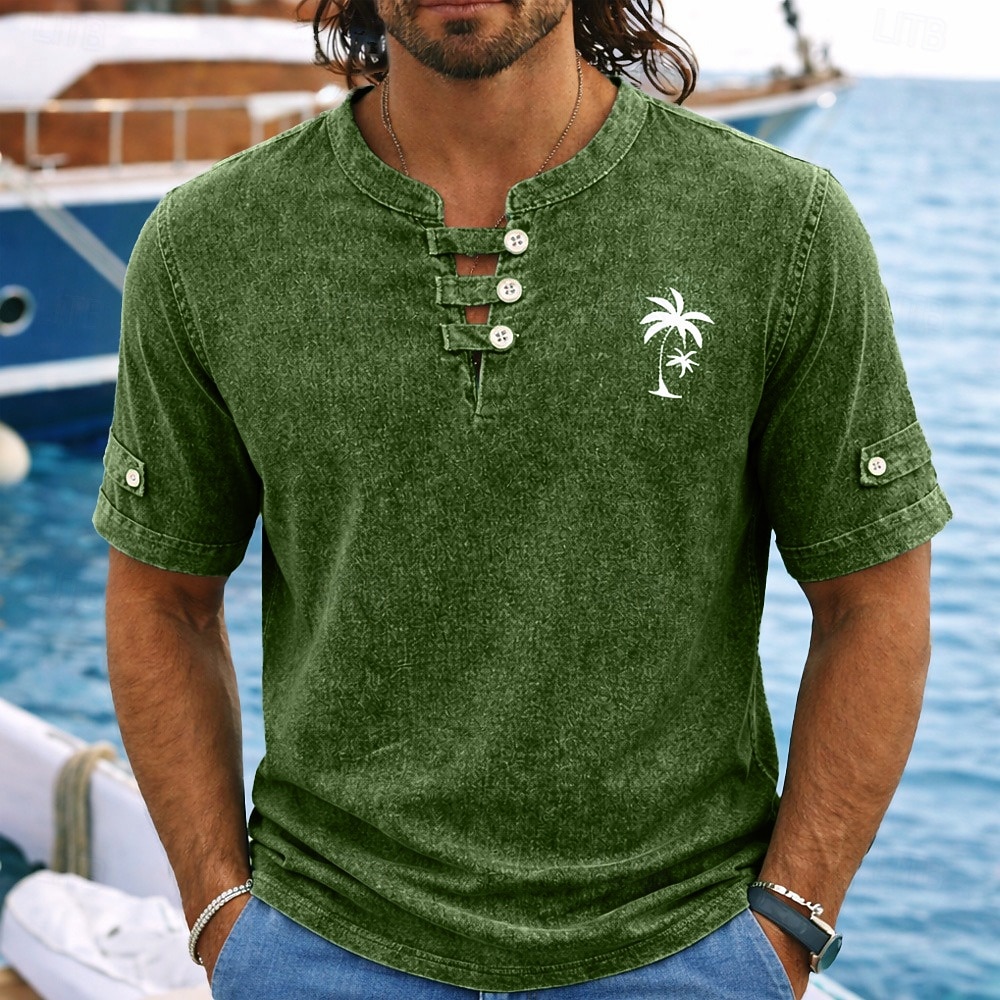 SoftFade™ Pánské polo trička 100% bavlna tričko s kyselinovým umytím volný čas prázdniny bez límce krátký rukáv módní základní palma knoflíky vintage léto jaro modrá červená zelená polo trička 2026 - $23.99 –P3