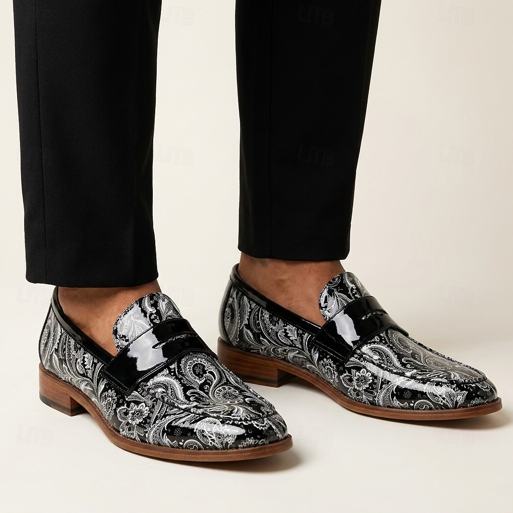 mocassini da uomo neri con stampa paisley, scarpe eleganti slip-on di tendenza con cinturino lucido, calzature da gentiluomo per matrimoni, banchetti, feste e occasioni speciali. del 2026 a $46.99 –P4