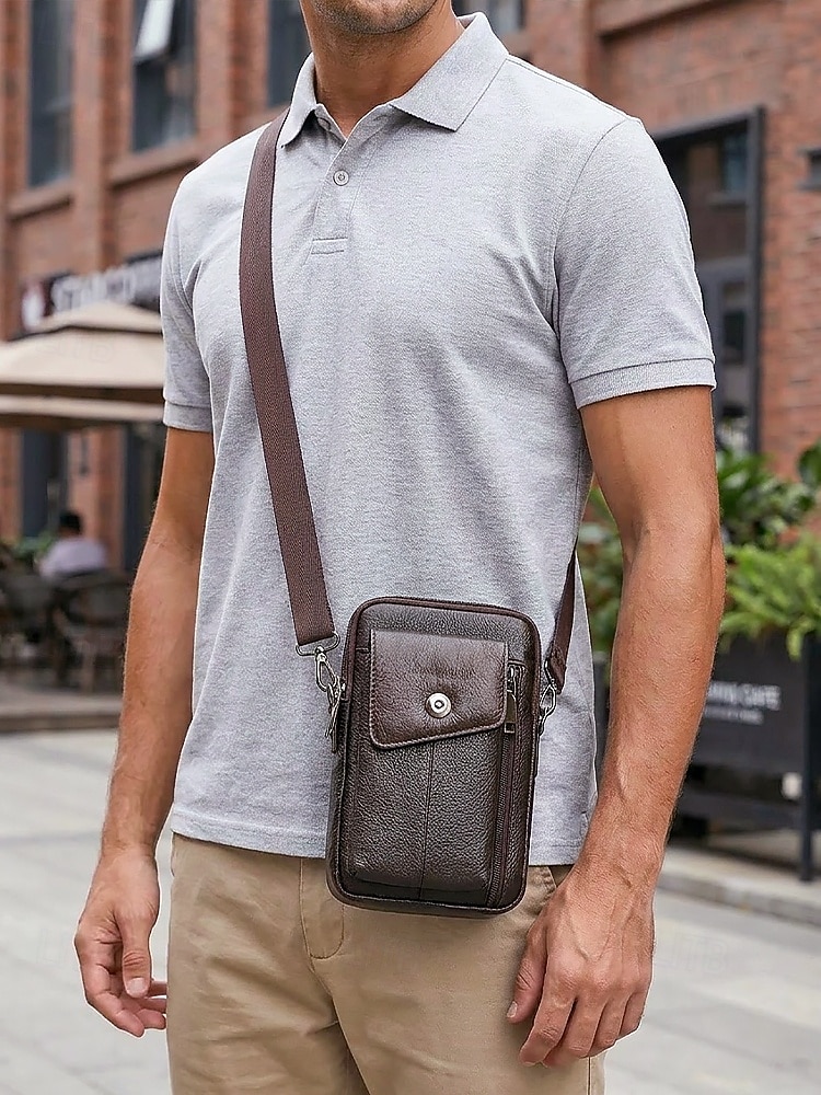 geantă crossbody bărbătească din piele naturală - borsetă cu 3 compartimente &geantă de umăr cu compartimente multiple, capacitate mare &curea reglabilă pentru călătorii și naveta &casual de zi cu zi, 2026 - $19.99 –P3