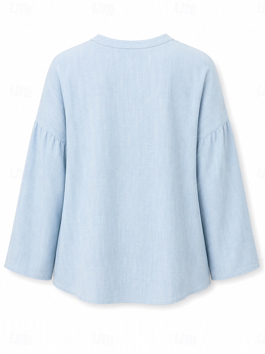 Women's Shirt Cotton Linen Shirts Cotton Blend Blouse Solid Color Plain Basic Long Sleeve Notched Neck Regular Tops Casual Daily White Sky Blue Spring Fall 2026 - $24.99 –P4