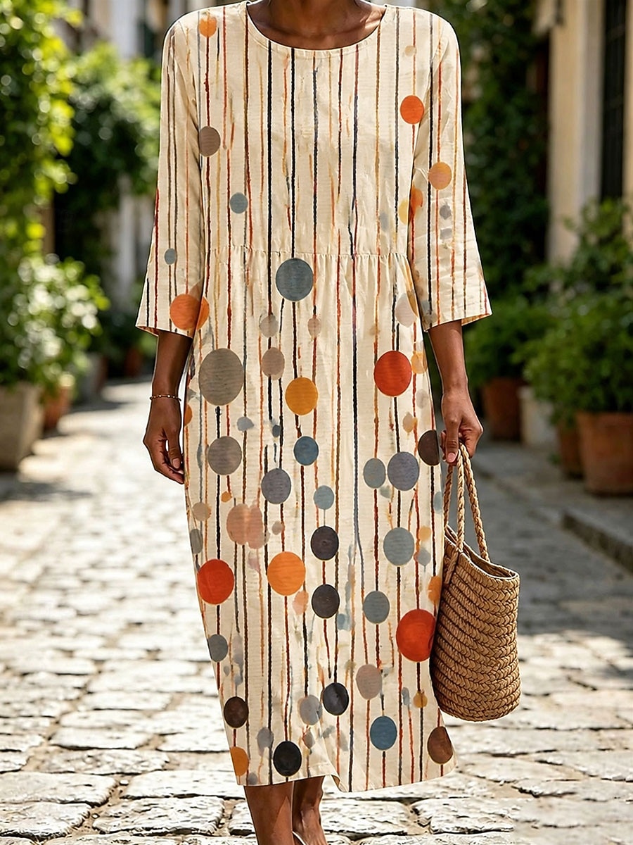 Per donna Abito Midi Vestito Estivo Abito Estivo Vacanza Casual Spiaggia Spiaggia Ferie Vestibilità regolare Grafico Geometrico Astratto Manica 3/4 Girocollo Bianco Arancione Beige Estate Primavera del 2026 a $36.99 –P2
