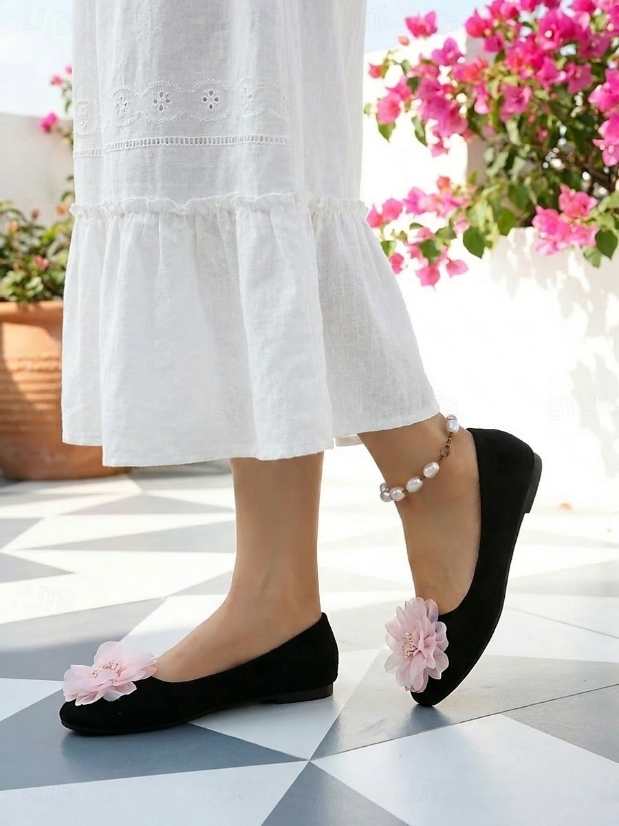 Women's Black Ballet Flats with Floral Decoration – Elegant Dress Shoes for Resort Street Strolls, Date & Daily Wear 2026 - $24.99 –P5